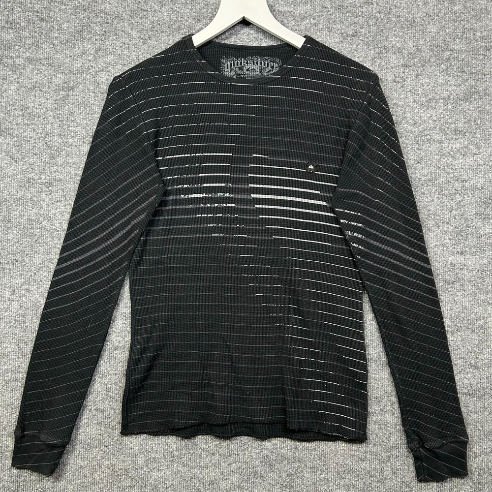 Quiksilver Thermal Shirt Men's Black Striped Waffle Knit Long Sleeve Y2K - Small